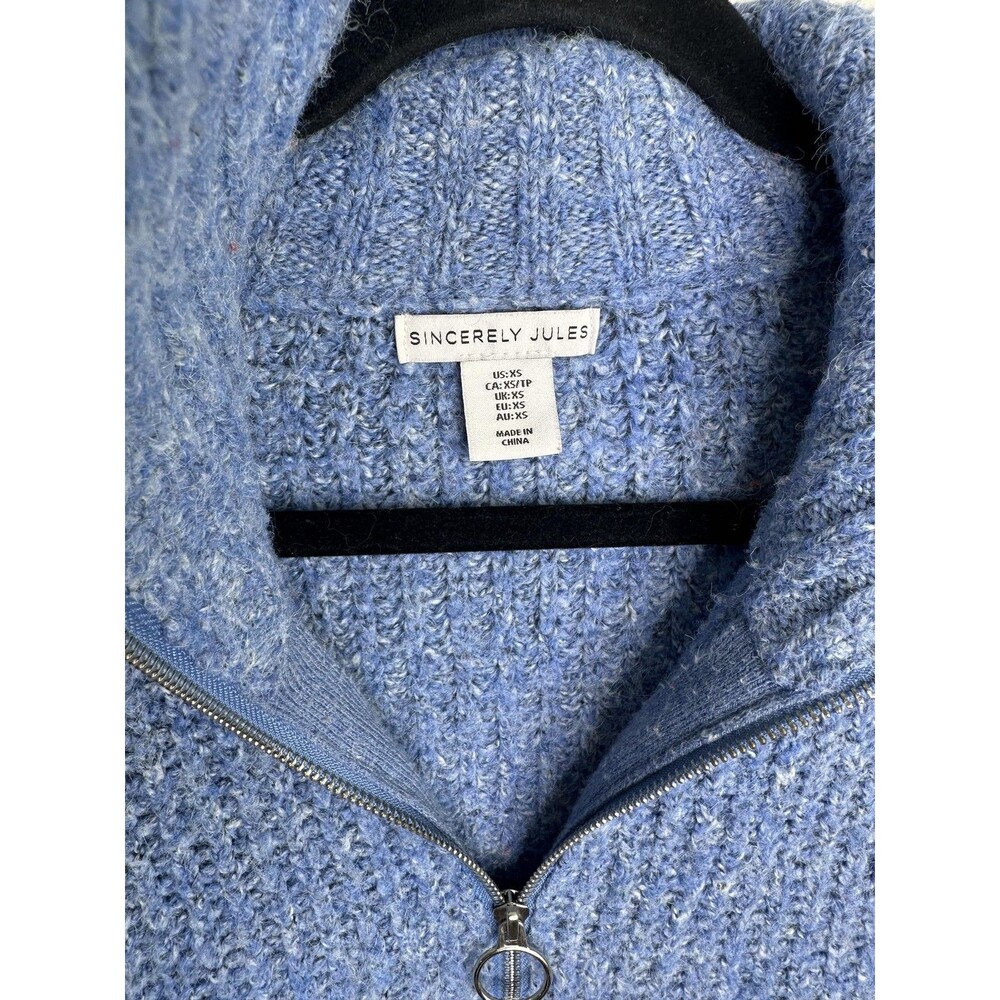 Sincerely Jules Sweater Womens XS Mock Neck Boucle Pullover Wool Blue Half Zip - Picture 2 of 6